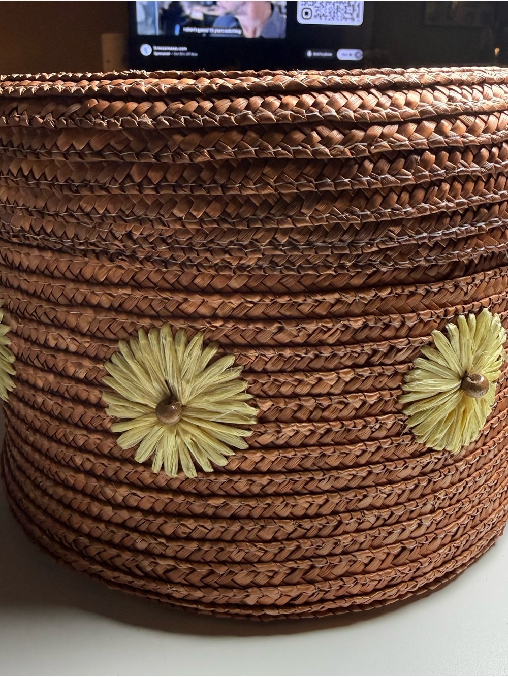 Woven Brown Storage Basket with Yellow Floral Accents